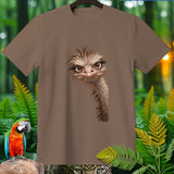 Brown t-shirt with a close-up illustration of an ostrich's head and a macaw.