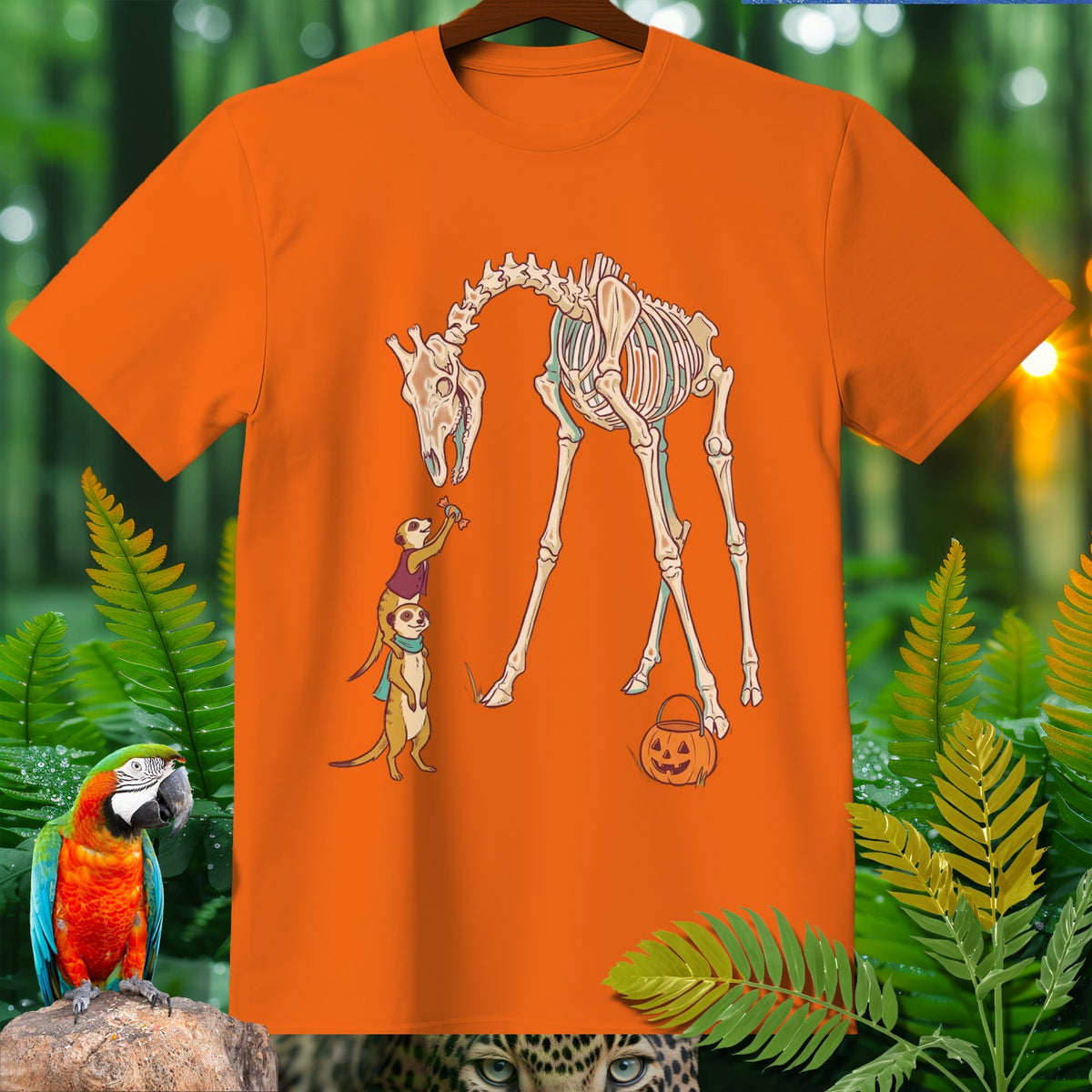 Skeleton giraffe with meerkats and a pumpkin candy bucket on an orange t-shirt.