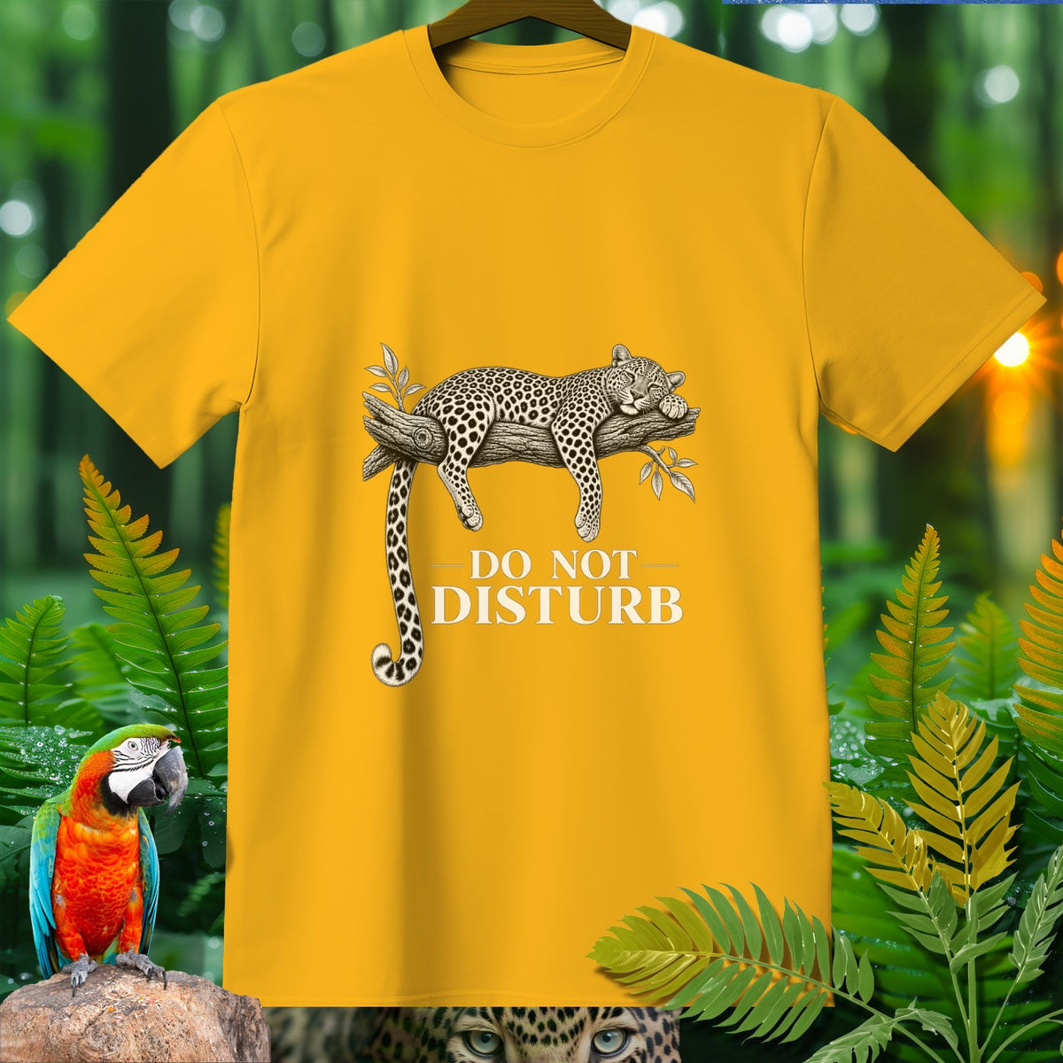 Yellow t-shirt with a sleeping leopard on a branch and "DO NOT DISTURB" text.
