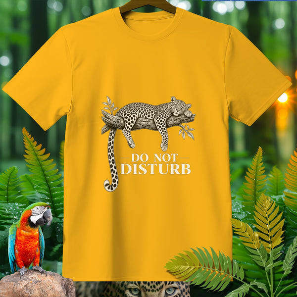 Yellow t-shirt with a sleeping leopard on a branch and "DO NOT DISTURB" text.
