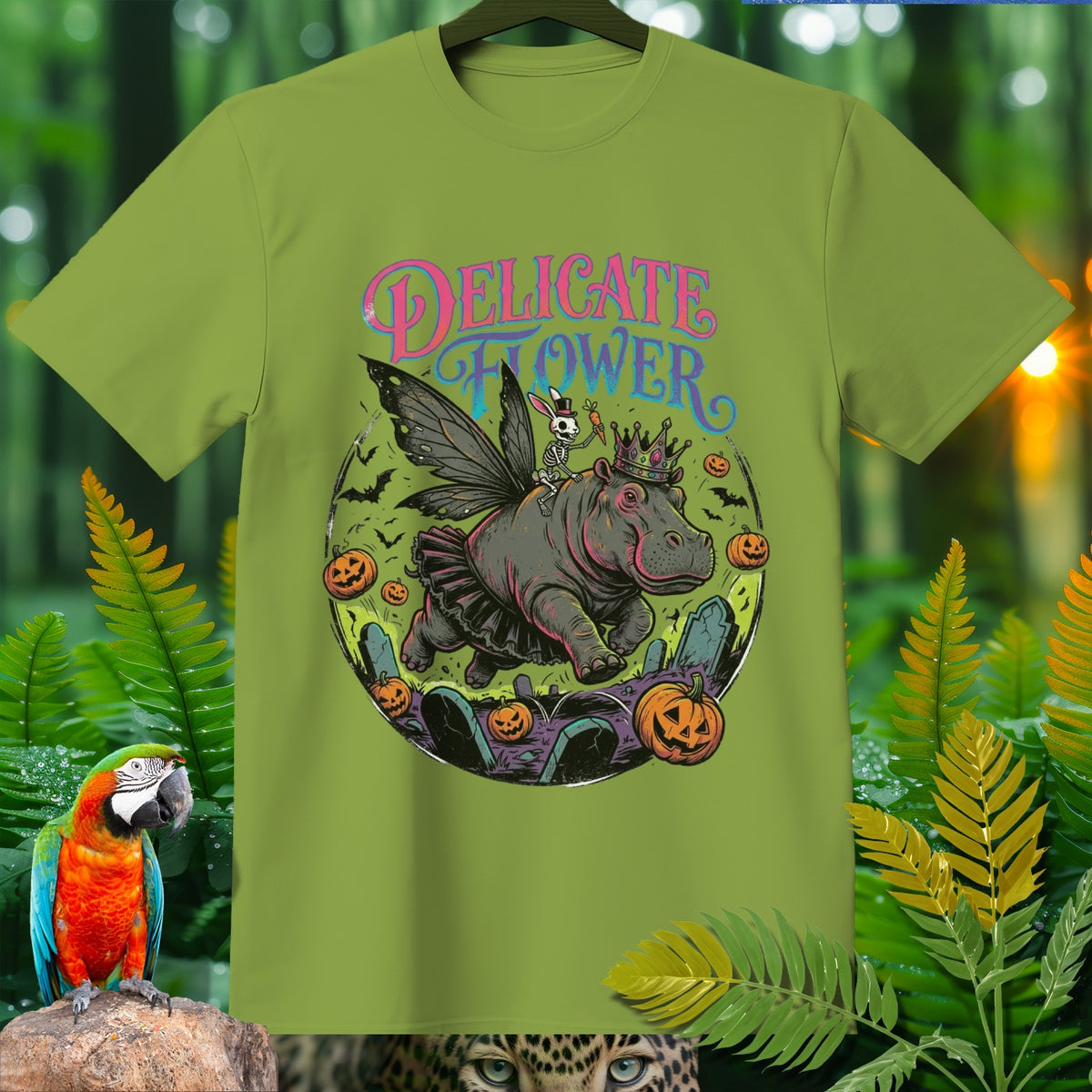 T-shirt with "Delicate Flower" text and a winged hippopotamus with skeleton rider.