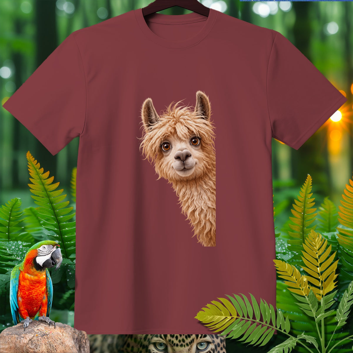 Maroon t-shirt with a peeking alpaca illustration, surrounded by jungle foliage and a macaw.