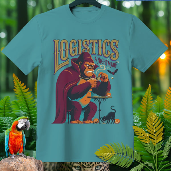 T-shirt with a gorilla in a cape, text "LOGISTICS A NIGHTMARE", a cat, and pumpkins.
