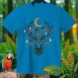 Blue t-shirt with a Halloween-themed deer graphic featuring pumpkins, ghosts, and a crescent moon.