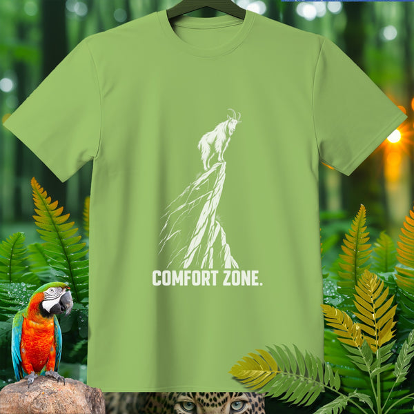 Light green t-shirt with white graphic of a mountain goat on a cliff, and text "COMFORT ZONE."