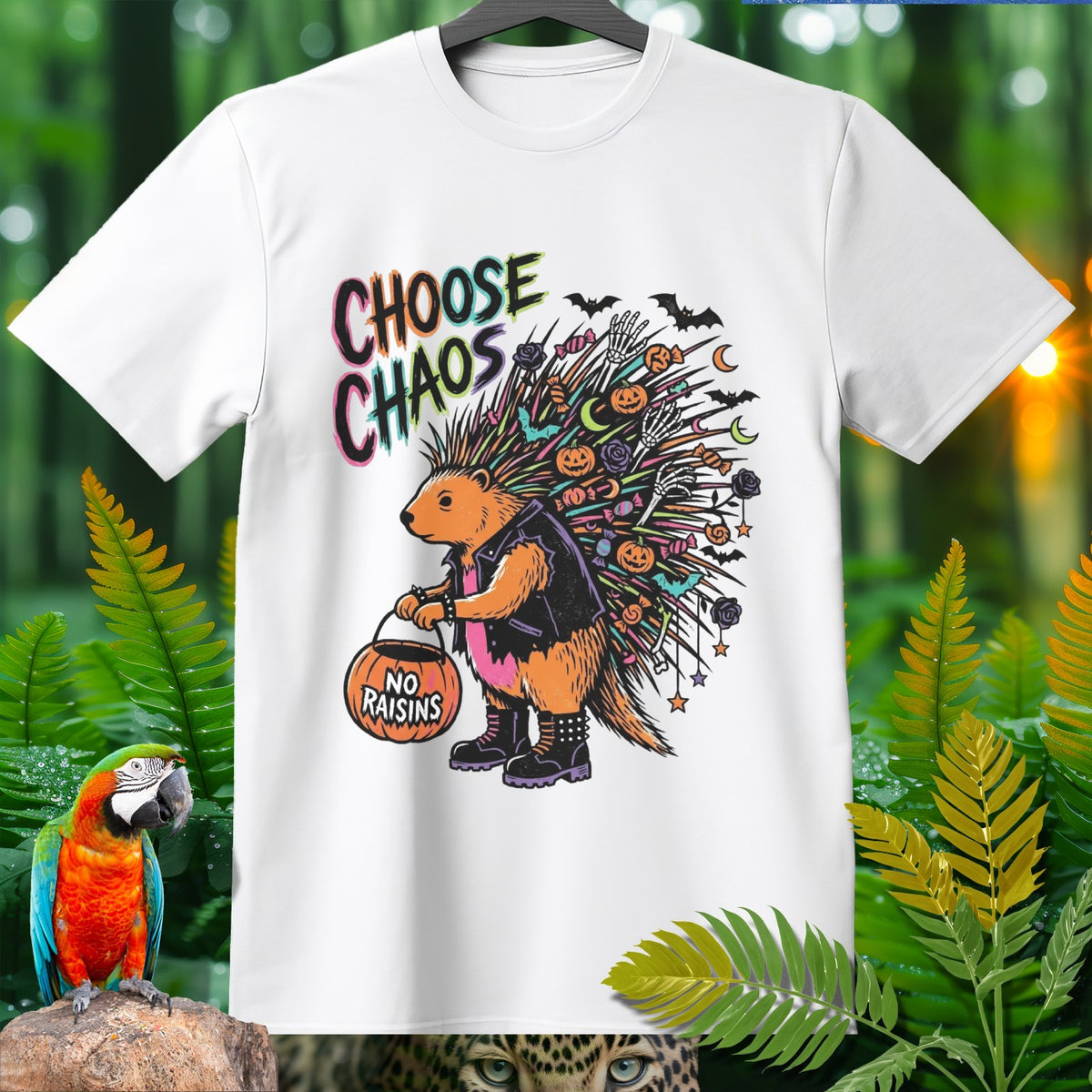 White t-shirt with a porcupine graphic featuring "CHOOSE CHAOS" text and a pumpkin bucket.