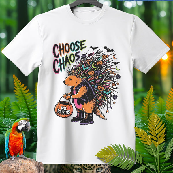 White t-shirt with a porcupine graphic featuring "CHOOSE CHAOS" text and a pumpkin bucket.