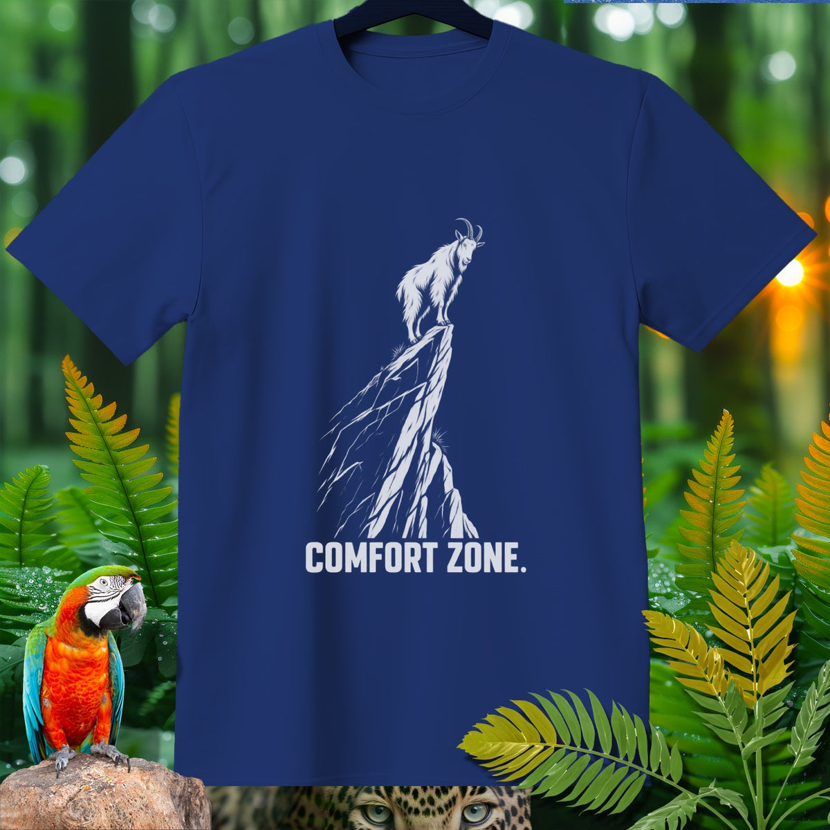 Navy blue t-shirt with white graphic of goat on cliff and "COMFORT ZONE." text.
