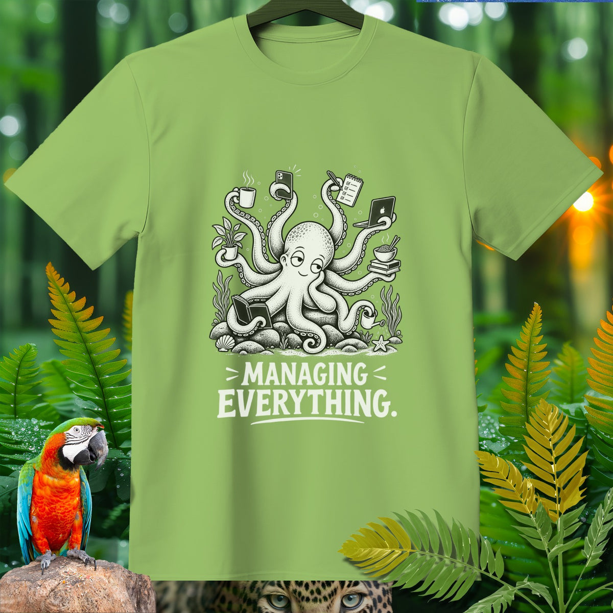 T-shirt graphic with a cartoon octopus managing multiple tasks, text reads "Managing Everything."