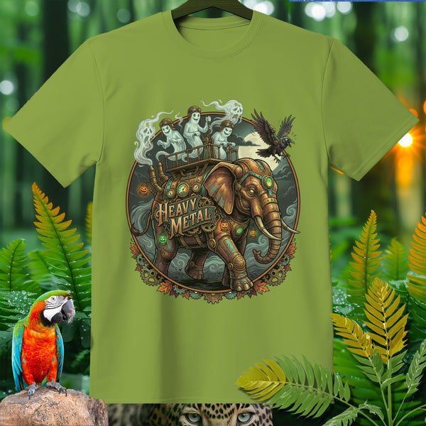 Steampunk elephant with ghosts and crow graphic on a light green t-shirt.