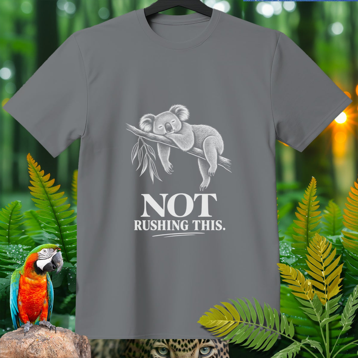 Gray t-shirt with a koala sleeping on a branch and text "NOT RUSHING THIS."