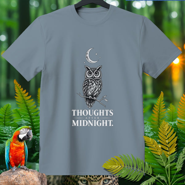 T-shirt with an owl graphic and "Thoughts After Midnight" text.