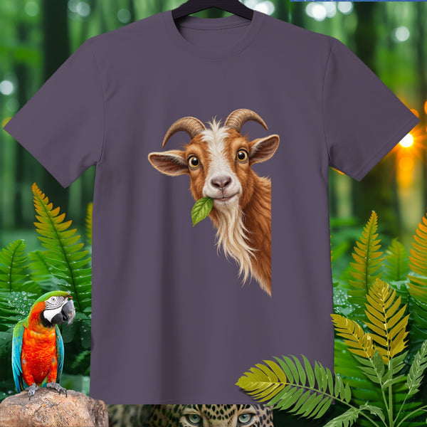 T-shirt with a brown goat eating a leaf and a colorful parrot.