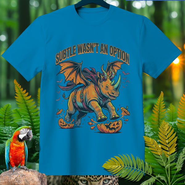Blue t-shirt with a winged rhino crushing a jack-o'-lantern. "Subtle wasn't an option."
