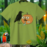 Green t-shirt graphic featuring a crow and a pumpkin wearing glasses, mustache, and a tie labeled 