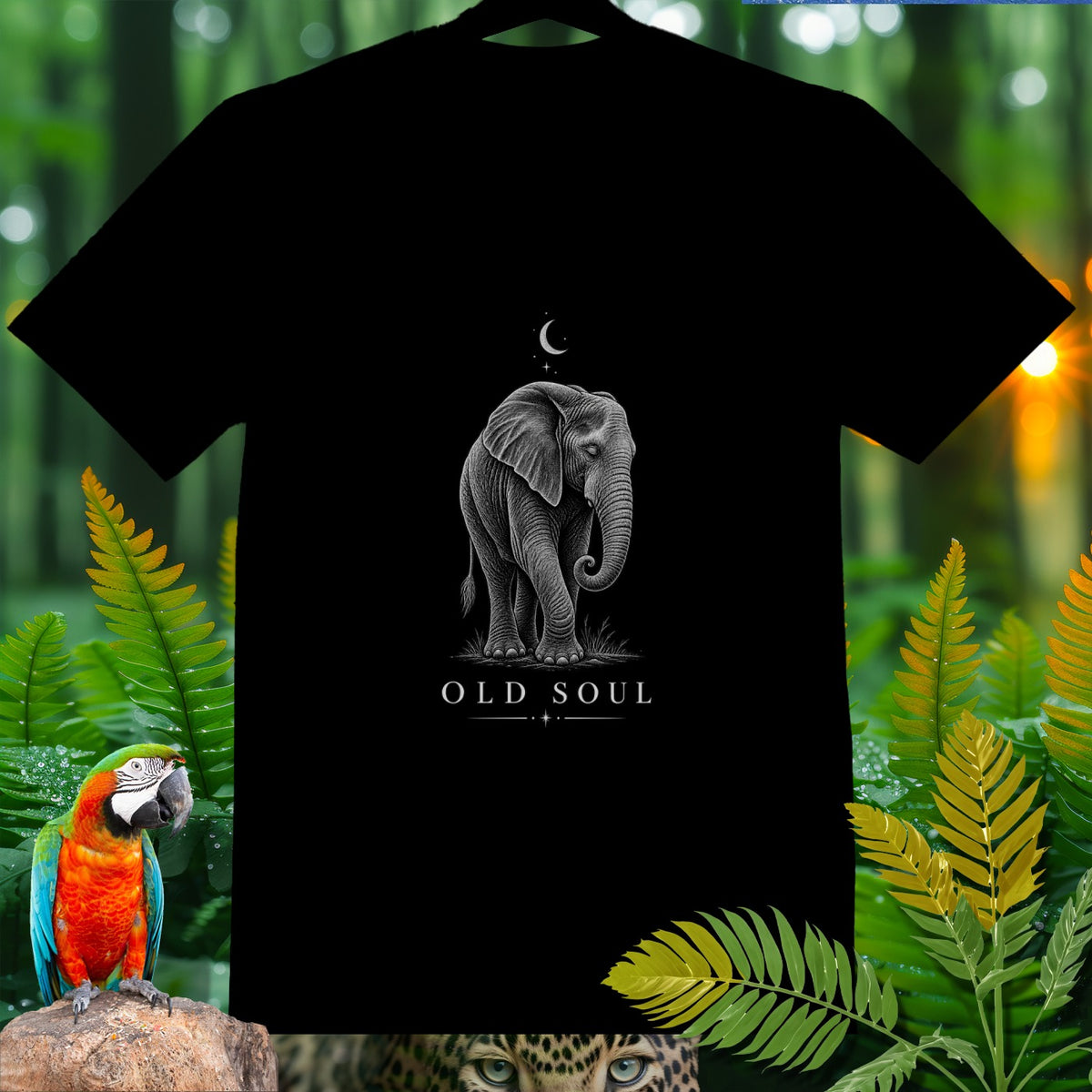 Black t-shirt with detailed elephant illustration and text "OLD SOUL"