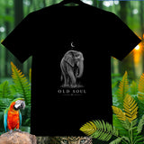 Black t-shirt with detailed elephant illustration and text 