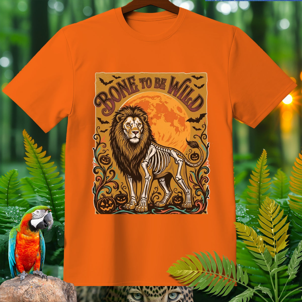 Orange t-shirt with a skeleton lion graphic and "Bone to Be Wild" text.