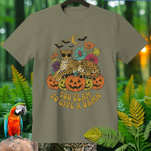 Leopard in sunglasses on pumpkins with text "Too Glam To Give A Damn".