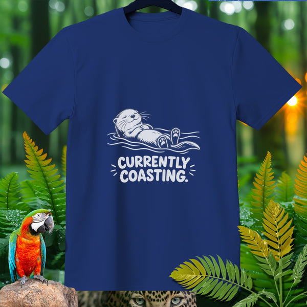 Navy t-shirt with white graphic of otter floating and text "CURRENTLY COASTING."