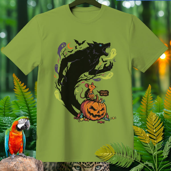 Green t-shirt with Halloween werewolf, mouse, pumpkin, and candy graphic.