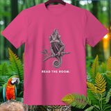 Pink t-shirt with a chameleon graphic and text 