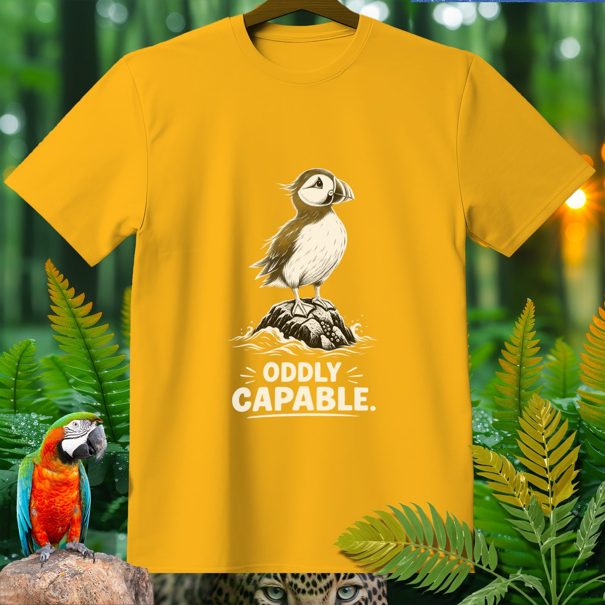 Yellow t-shirt with a puffin illustration and text "ODDLY CAPABLE."
