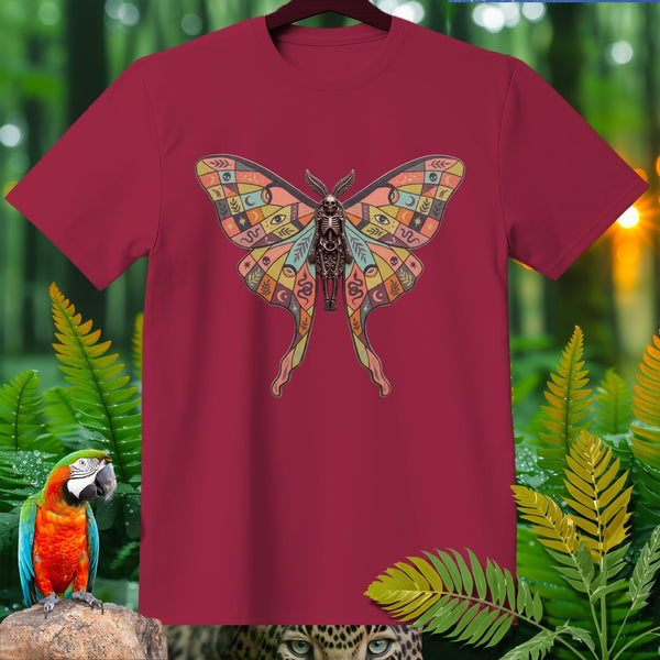 Maroon t-shirt with a skeletal luna moth graphic with celestial patterns.