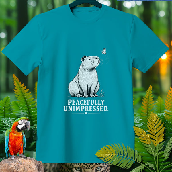 Turquoise t-shirt with white graphic of capybara and butterfly, text "PEACEFULLY UNIMPRESSED."