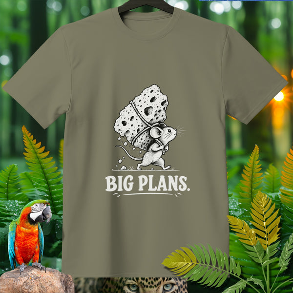 T-shirt with cartoon mouse carrying large cheese block and text "BIG PLANS."