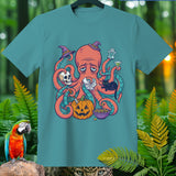 Tired octopus with Halloween elements like a witch hat, skull, and pumpkin.