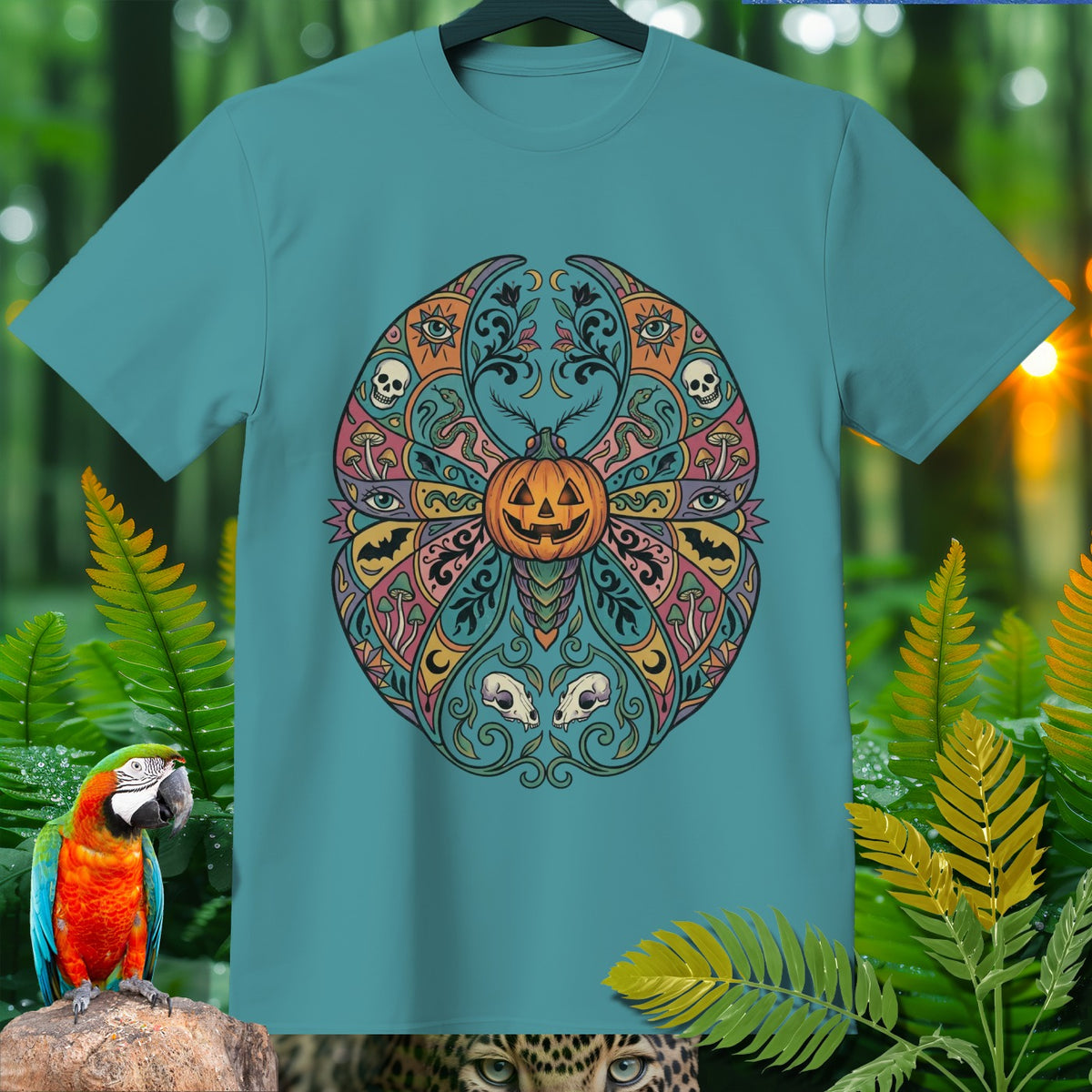 Teal t-shirt with a colorful Halloween mandala design featuring a pumpkin, skulls, and eyes.