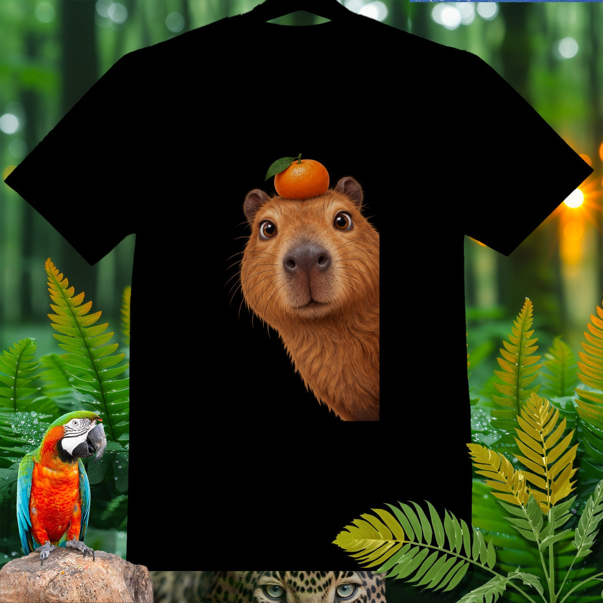 Black t-shirt with a capybara wearing an orange on its head.