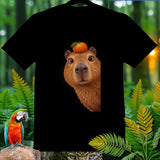 Black t-shirt with a capybara wearing an orange on its head.