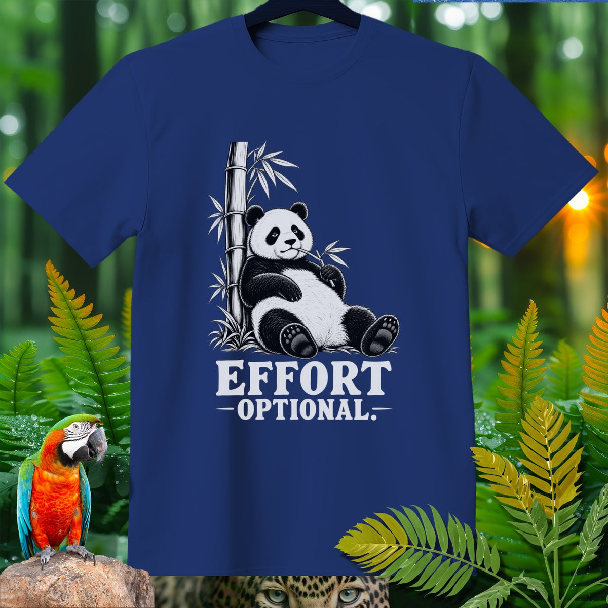 Blue t-shirt with a panda eating bamboo and text that reads "Effort Optional."