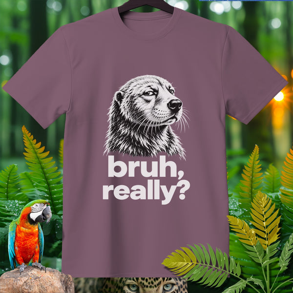 T-shirt with black and white animal face graphic and text "bruh, really?".