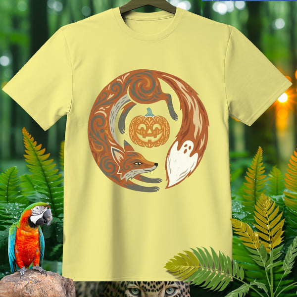 Yellow t-shirt with a circular design of a fox, pumpkin, and ghost.