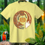 Yellow t-shirt with a circular design of a fox, pumpkin, and ghost.