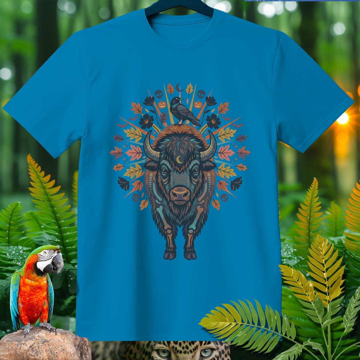 T-shirt with a stylized bison, raven, and autumn leaves design.
