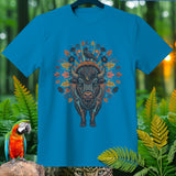 T-shirt with a stylized bison, raven, and autumn leaves design.