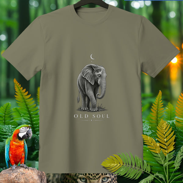Olive green t-shirt with a drawing of an elephant and "OLD SOUL" text.