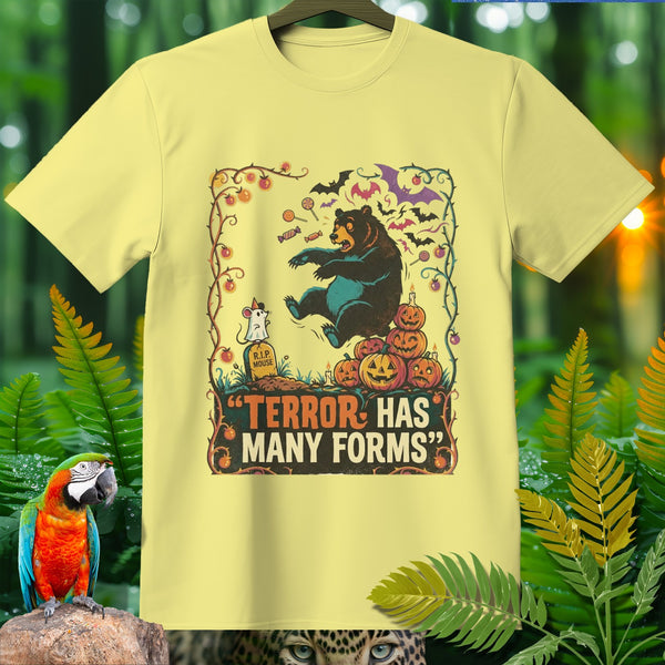 Yellow t-shirt with a Halloween graphic featuring a bear, mouse, pumpkins, and bats.
