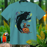 Werewolf, mouse, and pumpkin Halloween graphic with text 