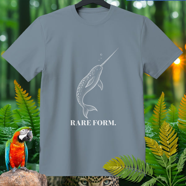 Grey t-shirt with white narwhal graphic and "RARE FORM." text.