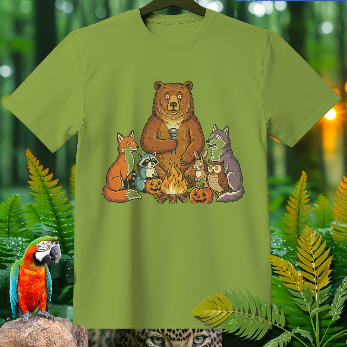 Bear, fox, raccoon, rabbit, wolf, and owl camp around a campfire with pumpkins.