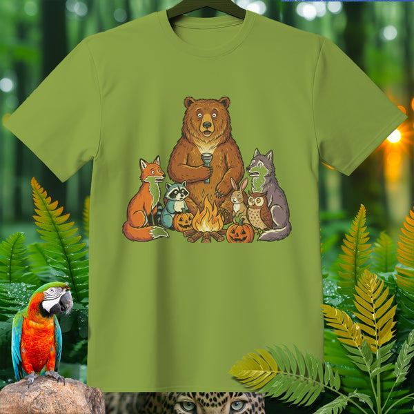 Bear, fox, raccoon, rabbit, wolf, and owl camp around a campfire with pumpkins.
