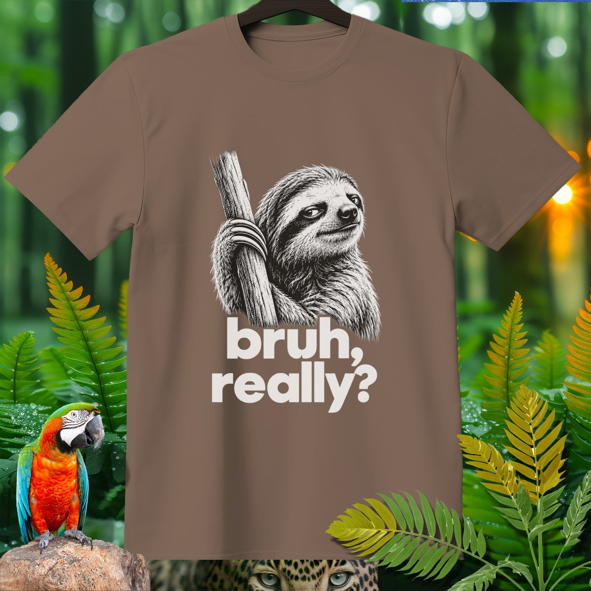Brown t-shirt with a sloth graphic that reads "bruh, really?"