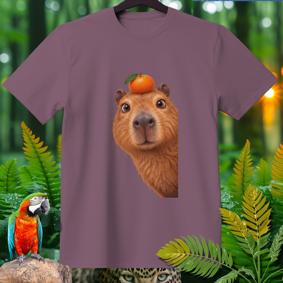 T-shirt with capybara wearing an orange on its head, surrounded by foliage.