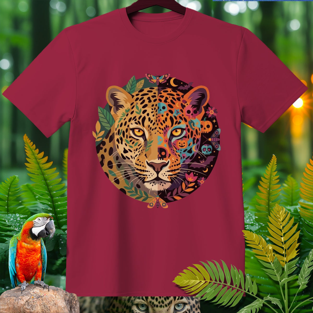 Maroon t-shirt with a jaguar face design featuring floral and skull patterns.