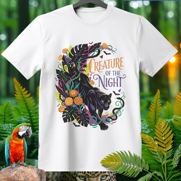 White t-shirt featuring a black panther graphic with "Creature of the Night" text.